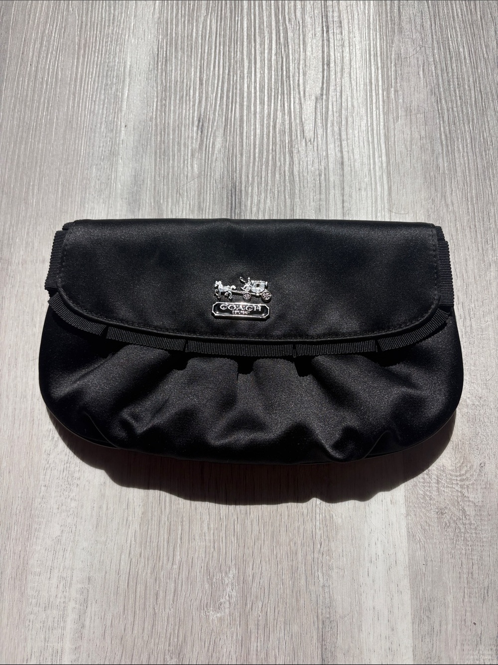Coach Black Satin Fold-Over Clutch with Silver Logo